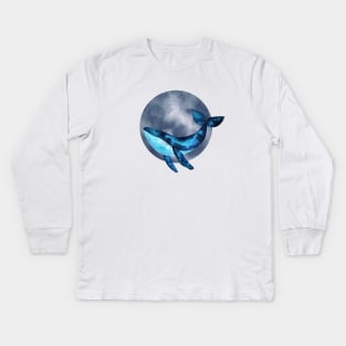 Cute watercolor space blue whale illustration with blue moon bubble Kids Long Sleeve T-Shirt